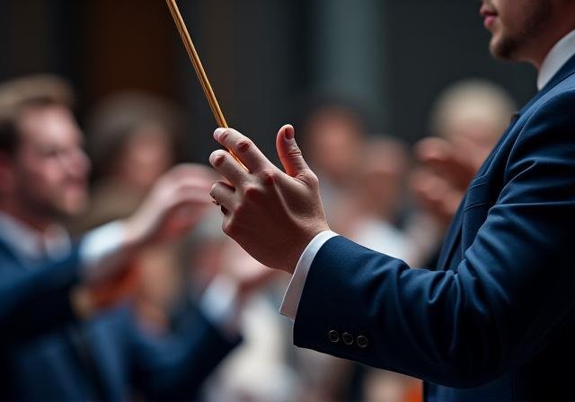 A conductor leading an orchestra