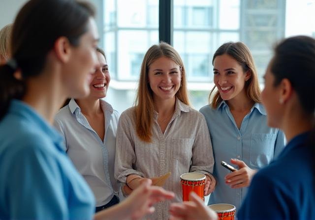 A diverse team engaged in a rhythmic leadership workshop using musical instruments