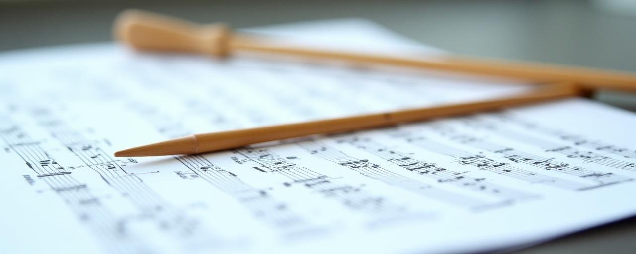 Close-up of a conductor's baton resting on a musical score, representing precision and care