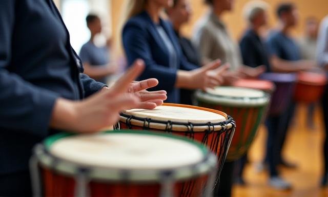 Participants in a drum circle workshop focusing on rhythmic innovation